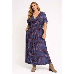 ModCloth 1X Blue Purple Floral Butterfly Wrap Maxi Dress Short Sleeve V Neck